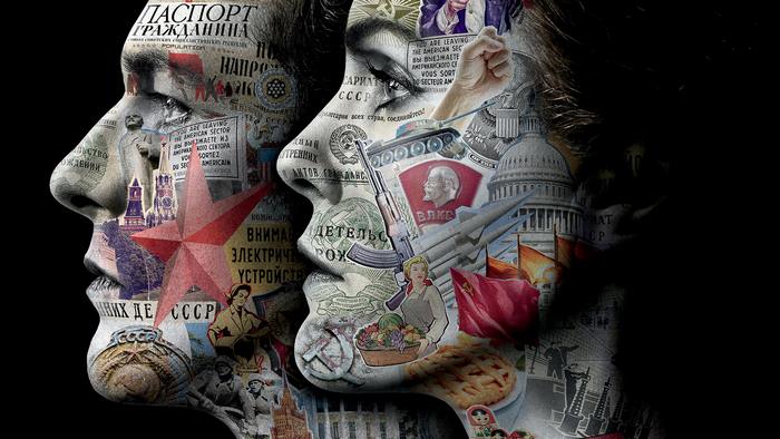 Collage of Soviet and American imagery forming faces