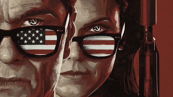 Keri Russell with American flag and Soviet symbol