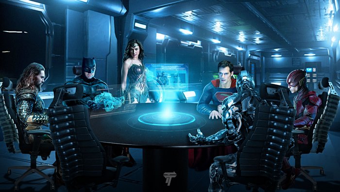 Justice League in a futuristic meeting room