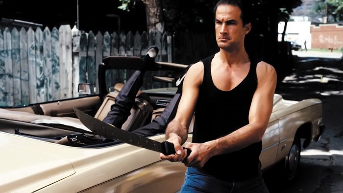 Steven Seagal with Machete in Convertible