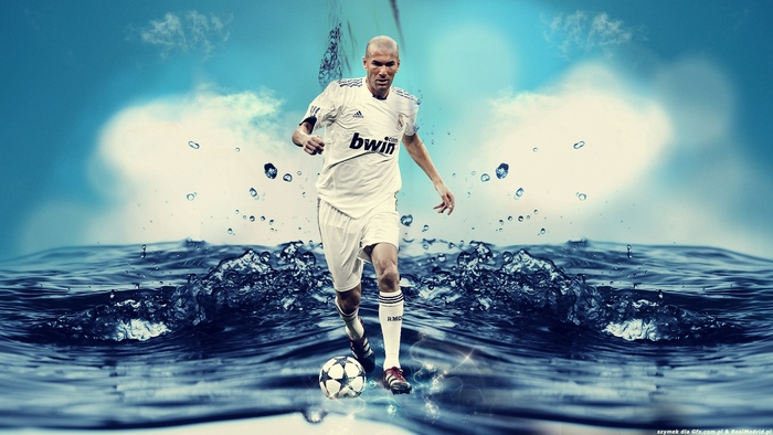 Zinedine Zidane playing soccer with water effects