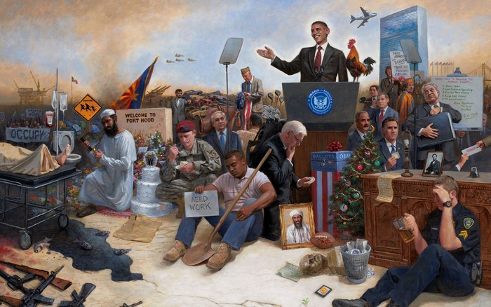 Barack Obama speaking at podium with various figures and symbols