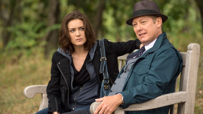 James Spader and Megan Boone sitting on a bench