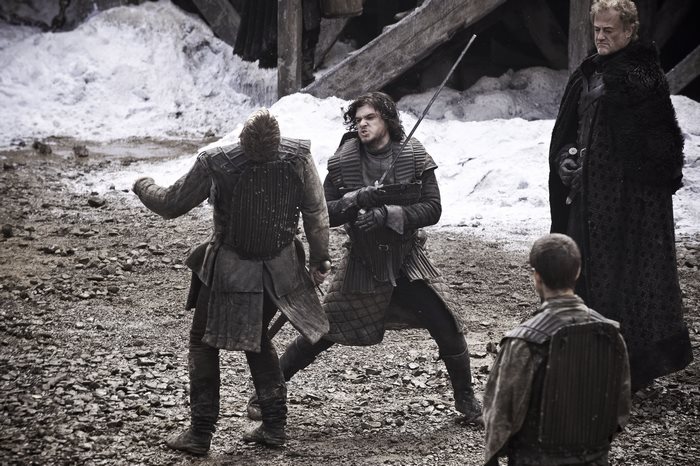 Jon Snow and Alliser Thorne sparring at Castle Black