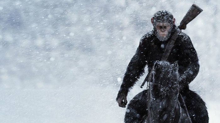 Caesar from Planet of the Apes on horseback in snow