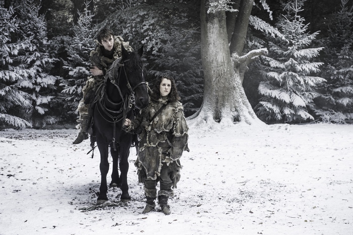 Meera Reed and Bran Stark on horseback in winter