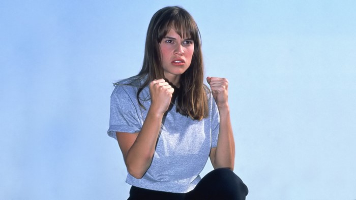Hilary Swank in a fighting stance
