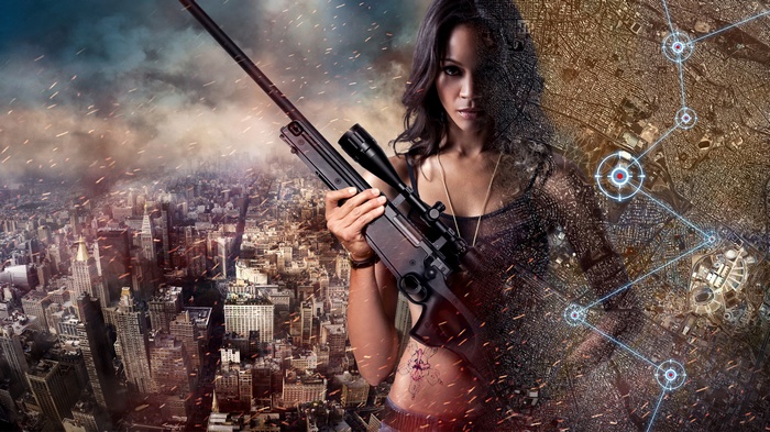Zoe Saldana with sniper rifle over city
