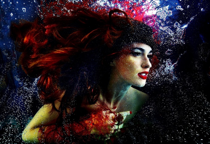 Paz Vega underwater with red hair