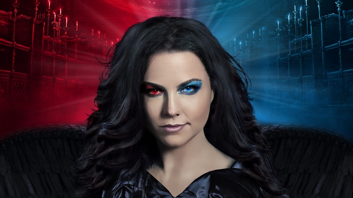 Amy Lee with red and blue eye makeup