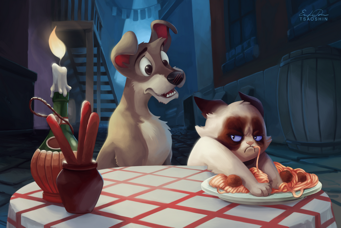 Grumpy Cat and Tramp eating spaghetti