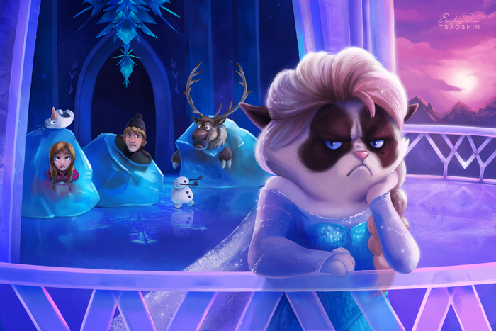 Grumpy Cat as Elsa with Frozen Characters