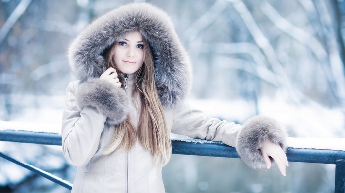 Woman in a fur-lined coat in the snow