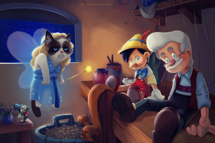 Grumpy Cat as Fairy Godmother with Pinocchio and Geppetto