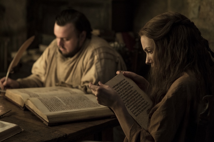 Gilly and Samwell Tarly reading in a library