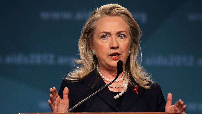 Hillary Clinton speaking at a podium