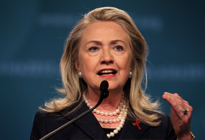 Hillary Clinton speaking at a podium