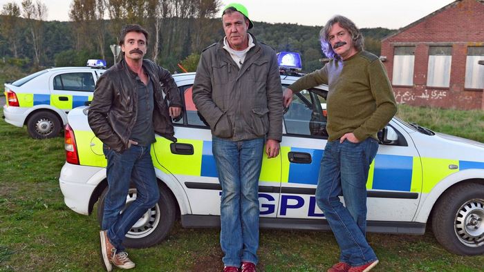 James May and two men with police cars