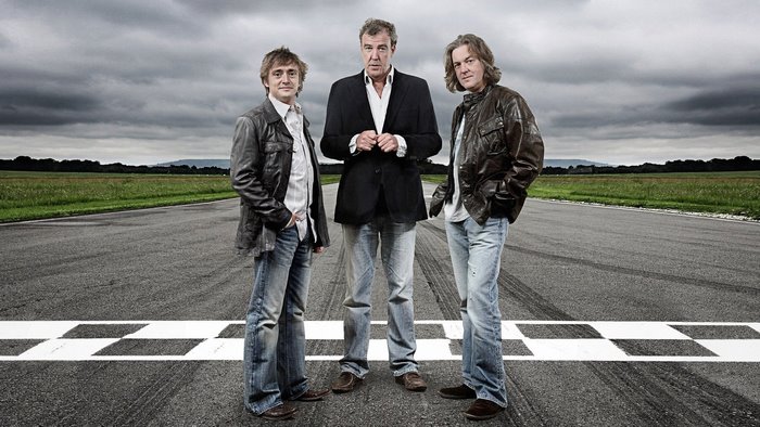 Jeremy Clarkson, Richard Hammond, and James May on a racetrack