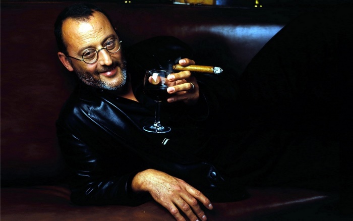 Jean Reno with cigar and wine