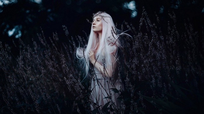 Woman with white hair and crown in a field