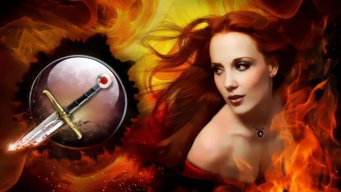 Simone Simons with a sword and fire
