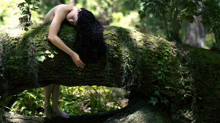 Woman sleeping on a mossy fallen tree trunk