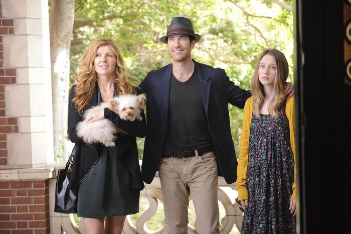 Taissa Farmiga and two others with a dog