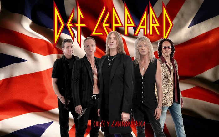 Def Leppard band members in front of Union Jack flag