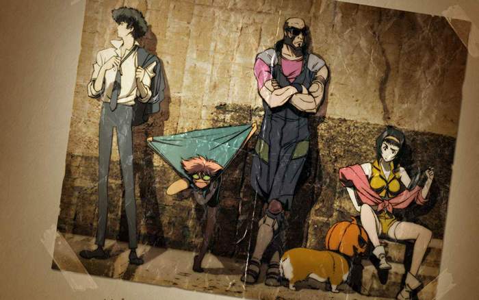 Cowboy Bebop characters with a dog and pumpkins