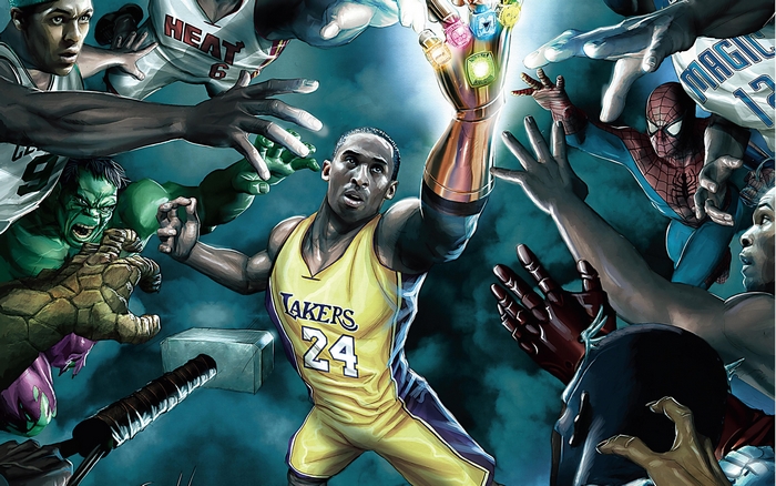 Kobe Bryant with Infinity Gauntlet and Marvel Heroes