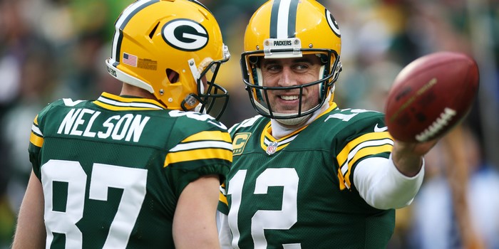Aaron Rodgers and Randall Cobb of the Green Bay Packers