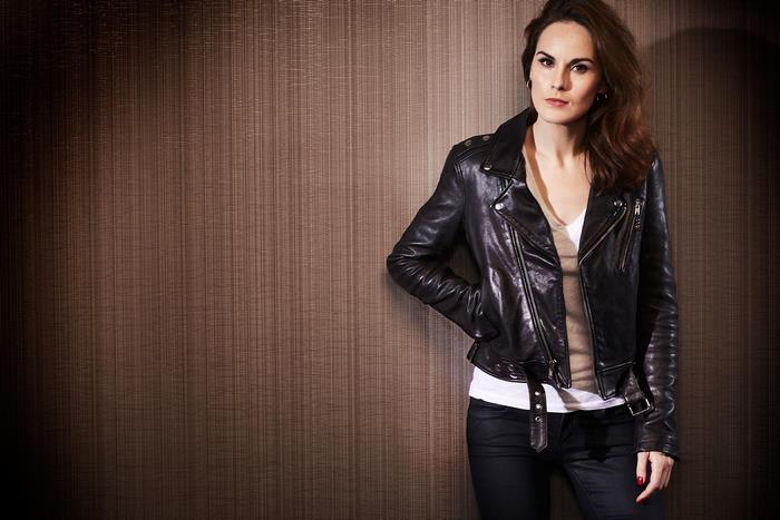 Michelle Dockery in a leather jacket