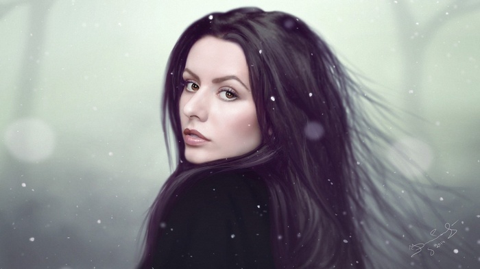 Woman with dark hair in the snow