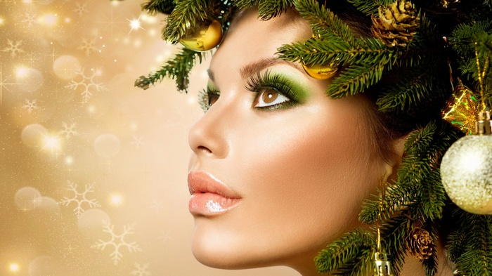 Woman with Christmas decorations in her hair