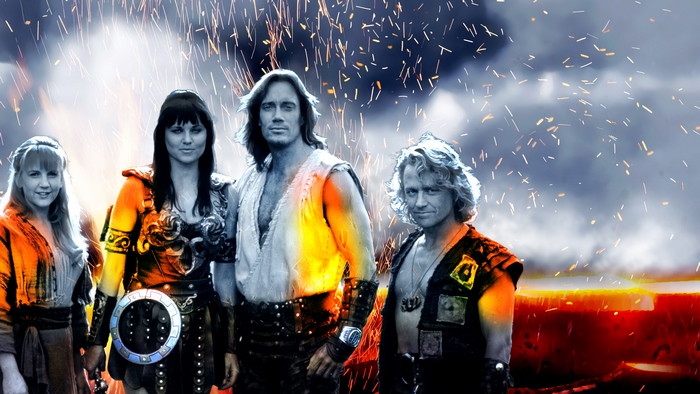Xena, Hercules, and companions in a fiery landscape