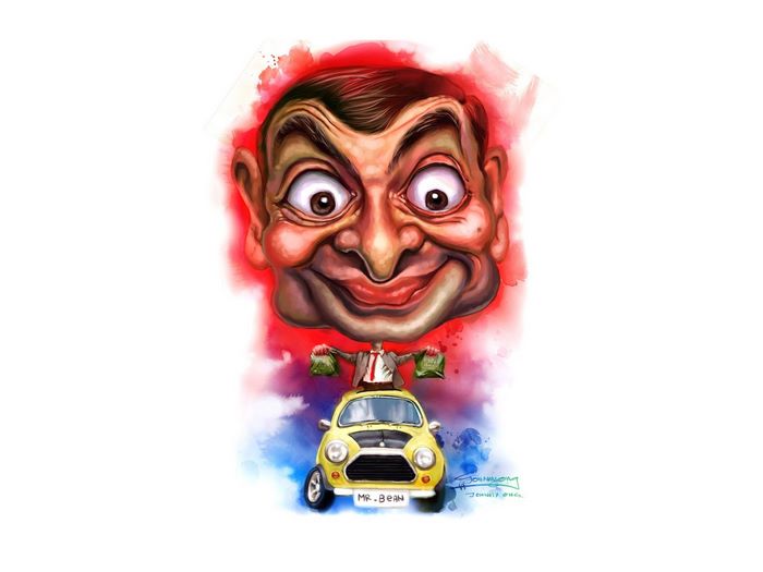 Mr. Bean caricature driving a Mini Cooper