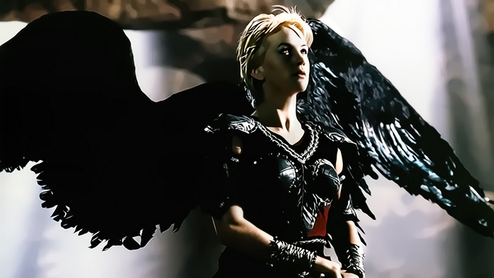 Renee O'Connor as a warrior with black wings