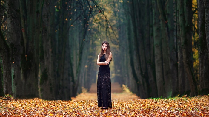 Woman in black dress in autumn forest