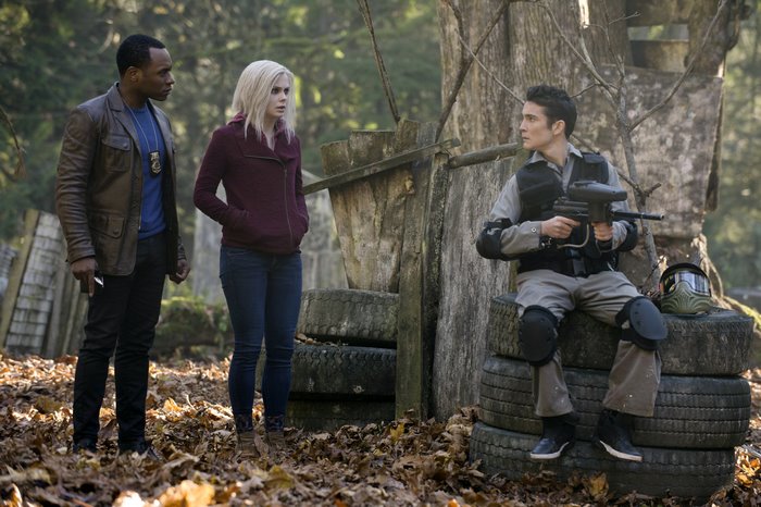 Liv Moore and Clive Babineaux with a paintball player