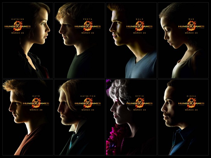 The Hunger Games characters: Katniss, Peeta, Gale, Rue, Cato, Haymitch, Effie, and Cinna