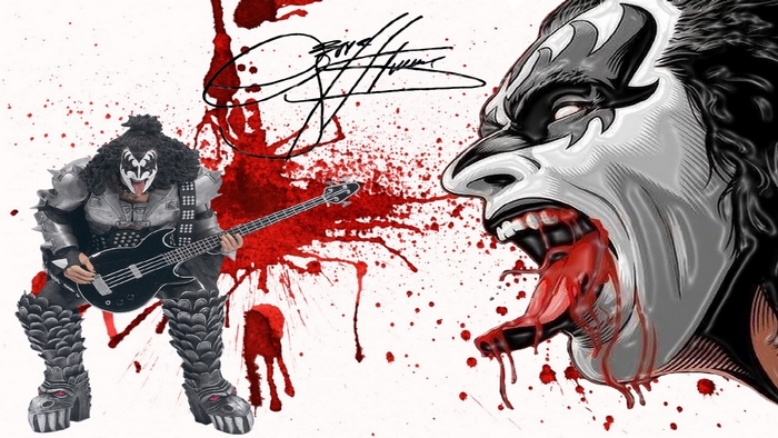 Gene Simmons of KISS with bass guitar and bloody artwork
