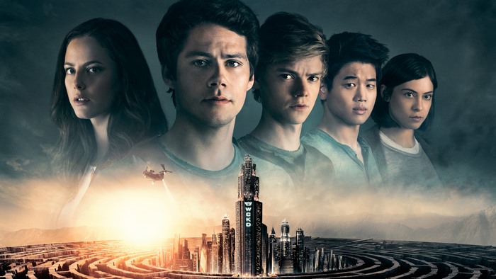 The Maze Runner cast with WCKD building