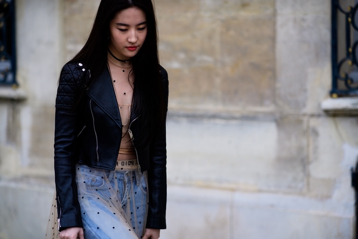 Liu Yifei in Black Leather Jacket and Polka Dot Dress