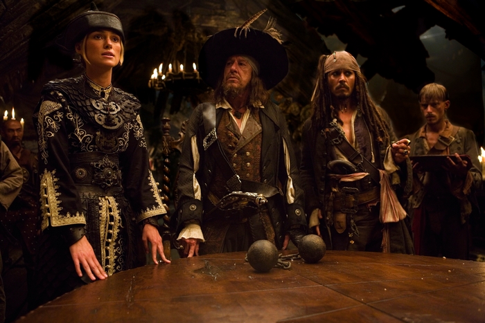 Elizabeth Swann, Captain Barbossa, and Captain Jack Sparrow from Pirates of the Caribbean