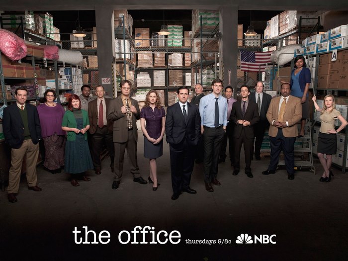 The Office cast in a warehouse
