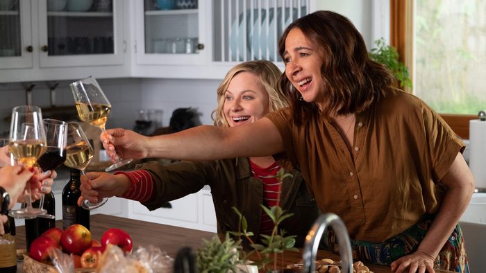 Amy Poehler and Maya Rudolph toasting wine
