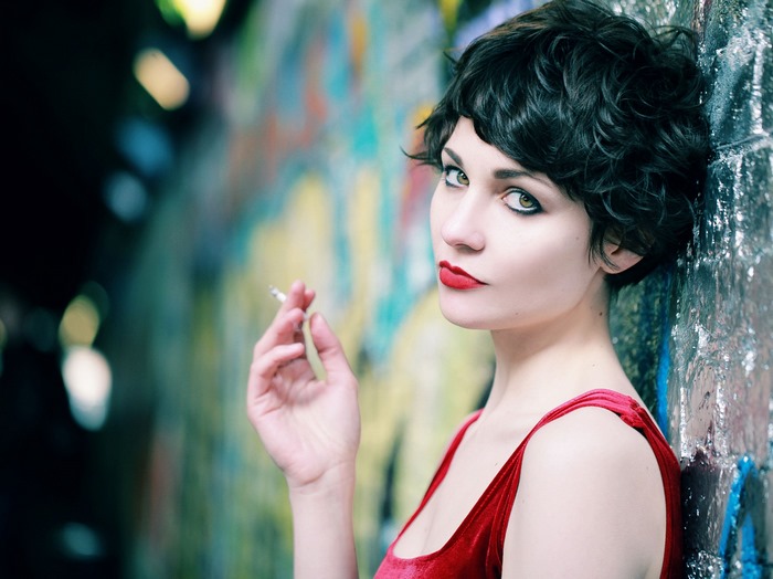 Tuppence Middleton in Red Dress Smoking