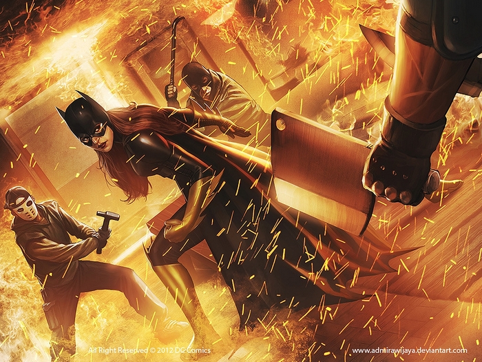 Batgirl fighting criminals in a fiery environment