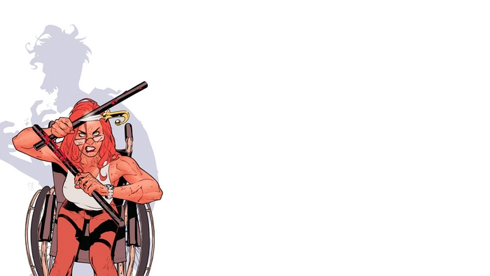 Barbara Gordon in a wheelchair with weapons